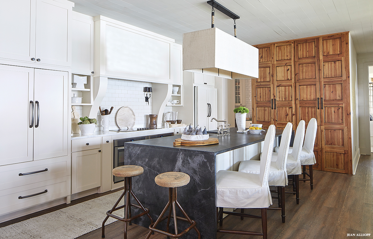 Kitchen upper and lower cabinets painted in Benjamin Moore color "Seapearl"