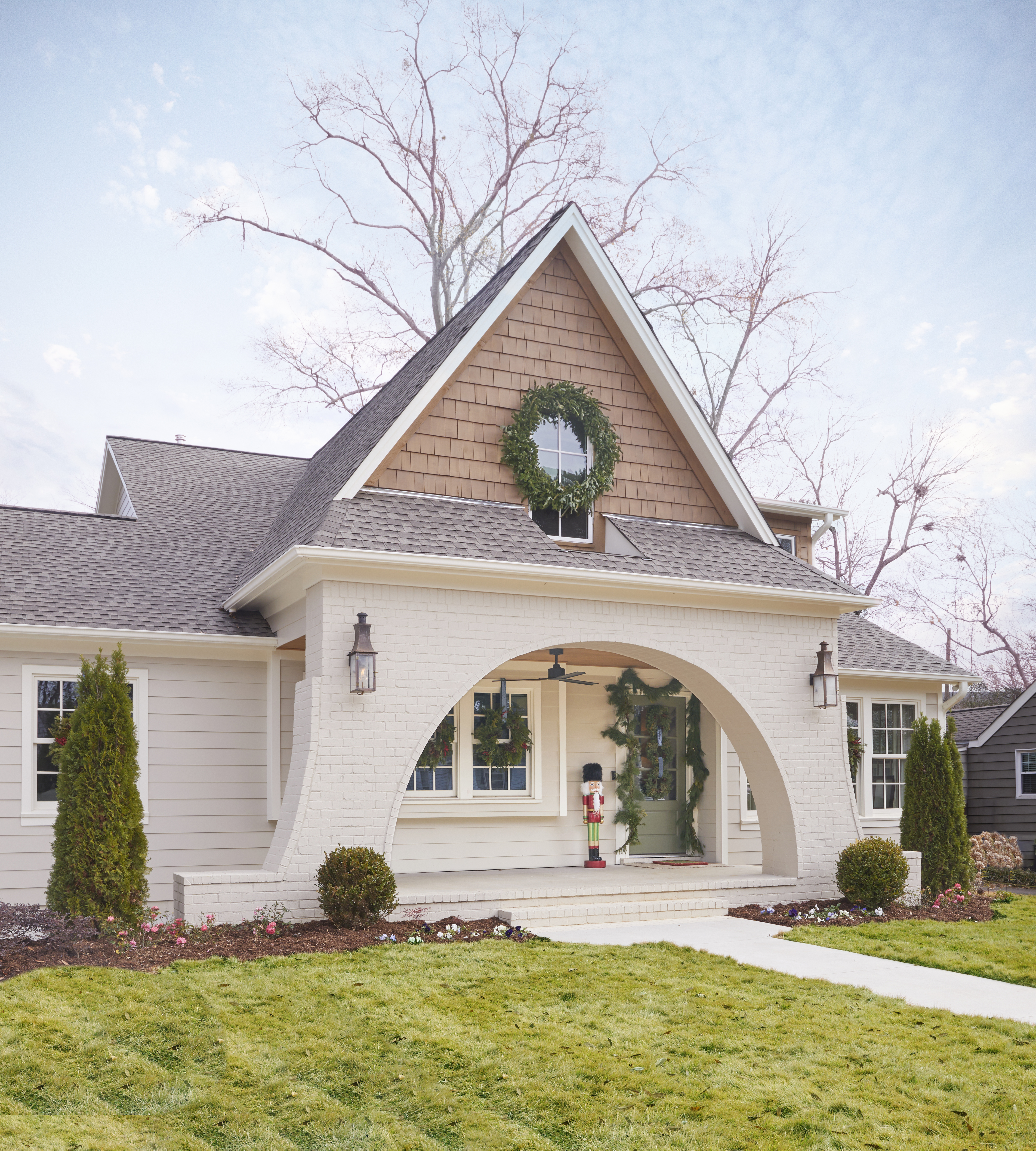 Exterior elevation of the Worley home, decorated for Christmas.